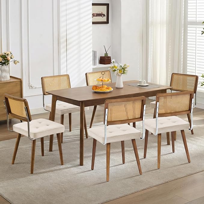 GarveeHome Natural Rattan Dining Chairs Set of 6, Linen Upholstered Kitchen Chairs with Tall Cane Backrest and Strong Wood Legs for Dining Room, Kitchen, Restaurant, Beige