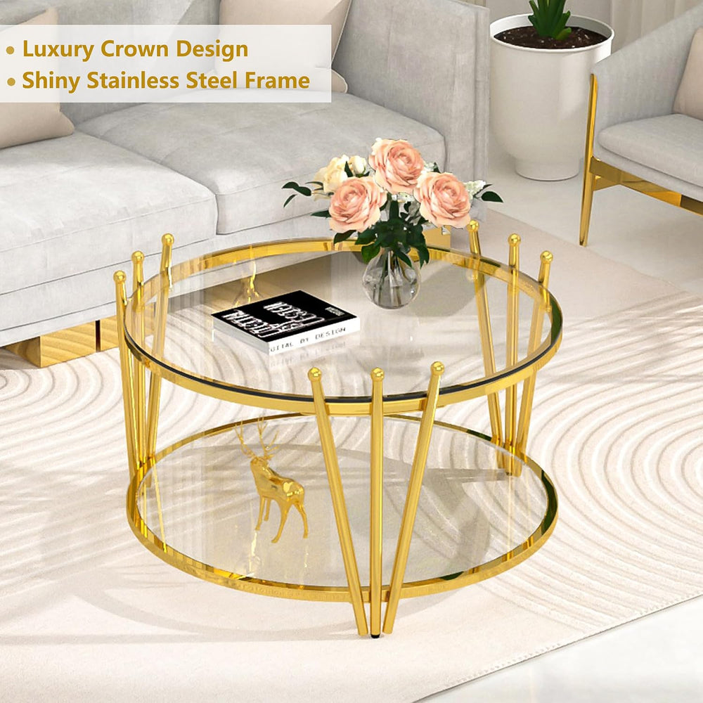 Luxury Glass Coffee Table Set of 3, Modern Gold Round End Table Living Room T...