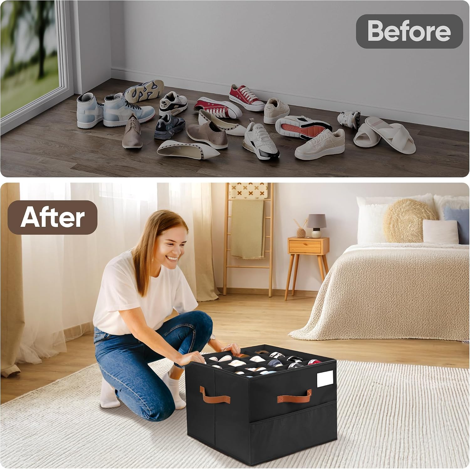Shoe Organizer for Closet, 1 Pack Shoe Storage Container with Adjustable Dividers, Space Saving Shoe Box Storage Organizer Bin with Clear Lid and 4 Handles, Fits 8-16 Pairs, Pure Black