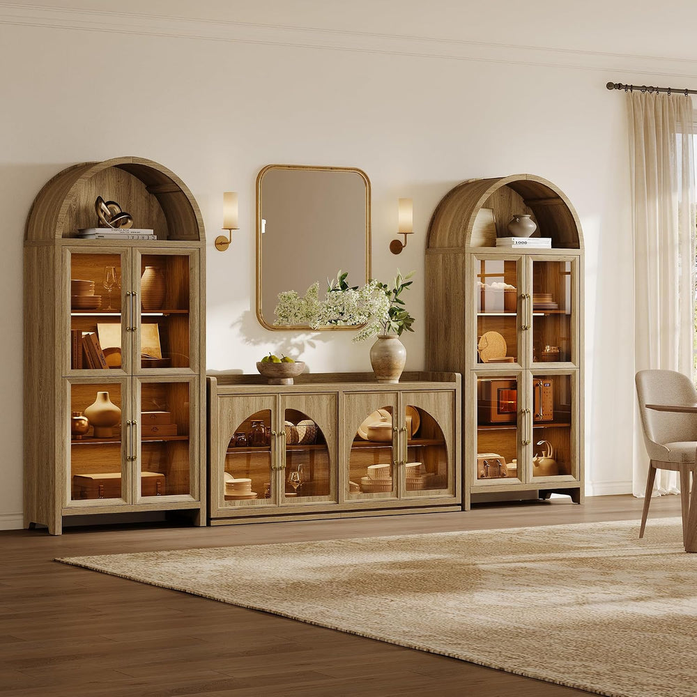 SICOTAS Sideboard Buffet Cabinet with Storage, LED Lights, Arch Glass Doors