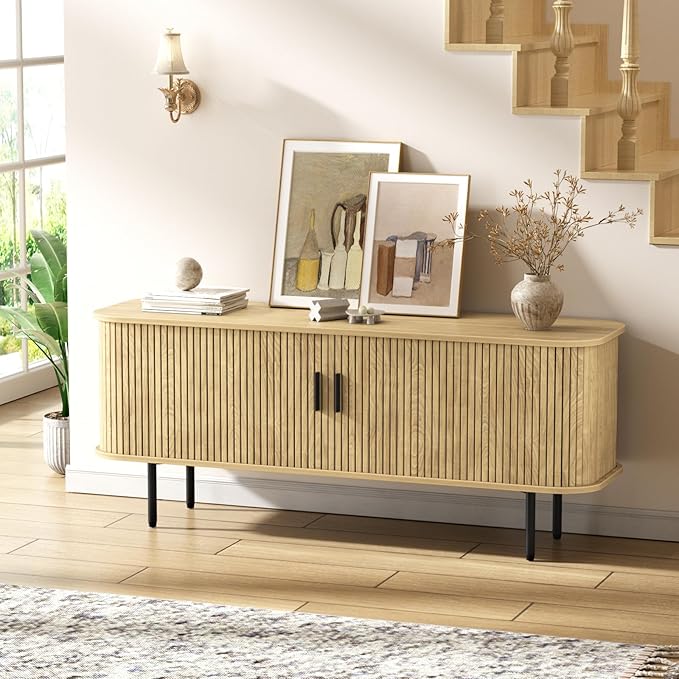 55''W Natural TV Stand Cabinet with Storage for TVs up to 60 Inch, Fluted TV Entertainment Center with Slatted Tambour Doors, Media Console for Living Room, Entryway