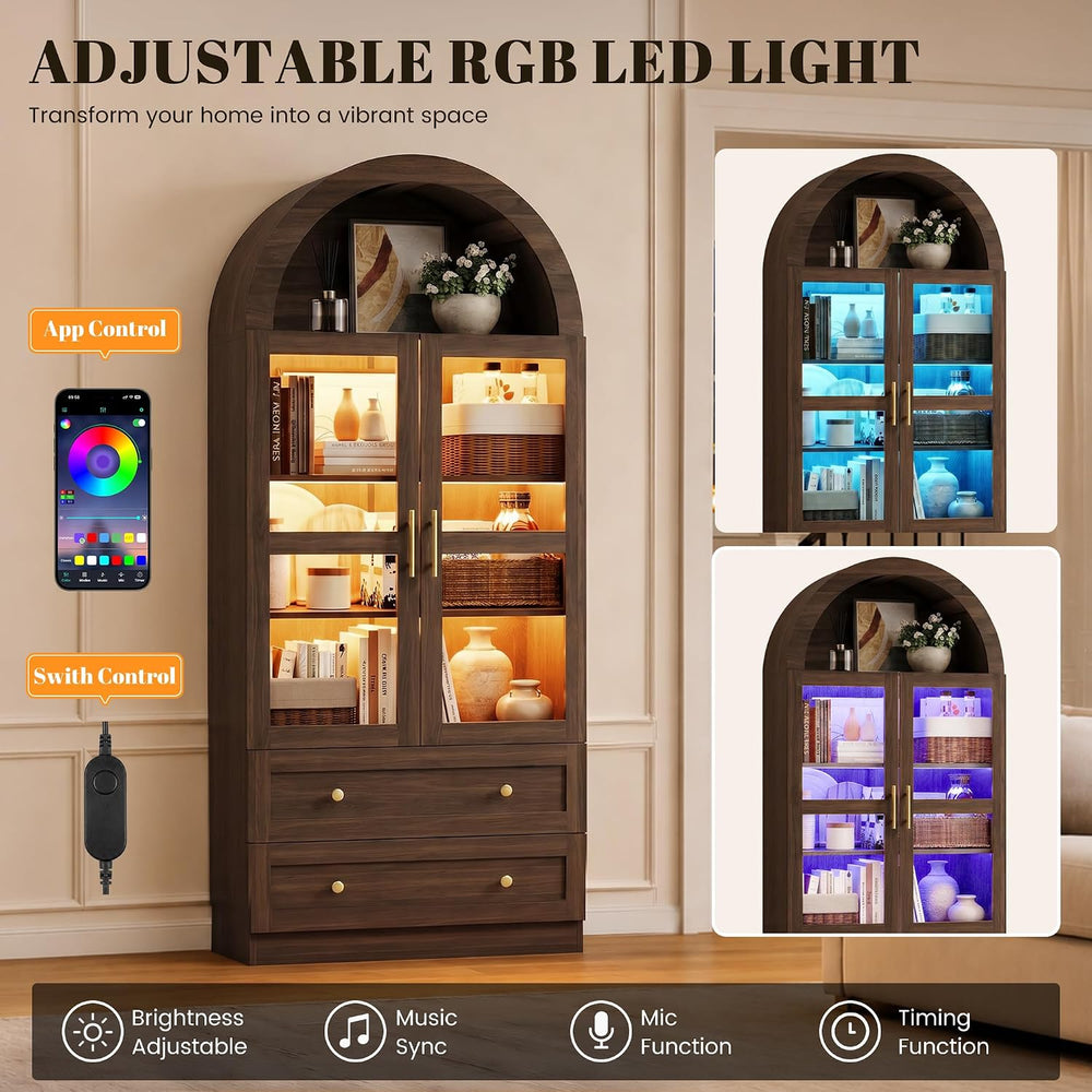 71" Tall Arched Kitchen Pantry Cabinet with LED Light, Modern Farmhouse ...