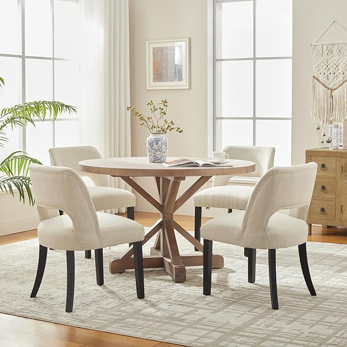 VKNOW Wooden Dining Chairs Set of 4, Modern Fabric Upholstered Dining Room Ch...
