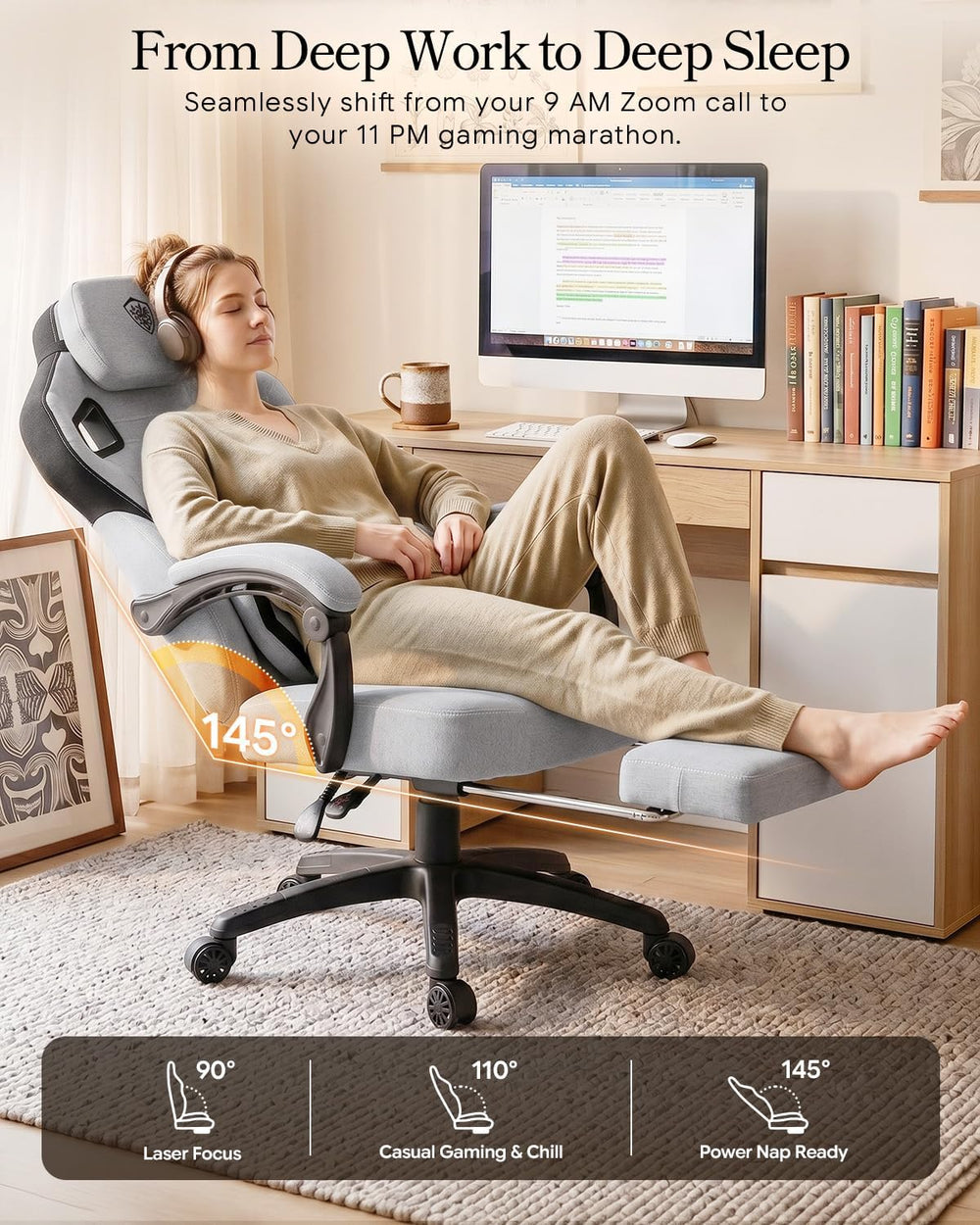 Dowinx Big and Tall Gaming Chair with Footrest, Gray | Breathable woven fabri...