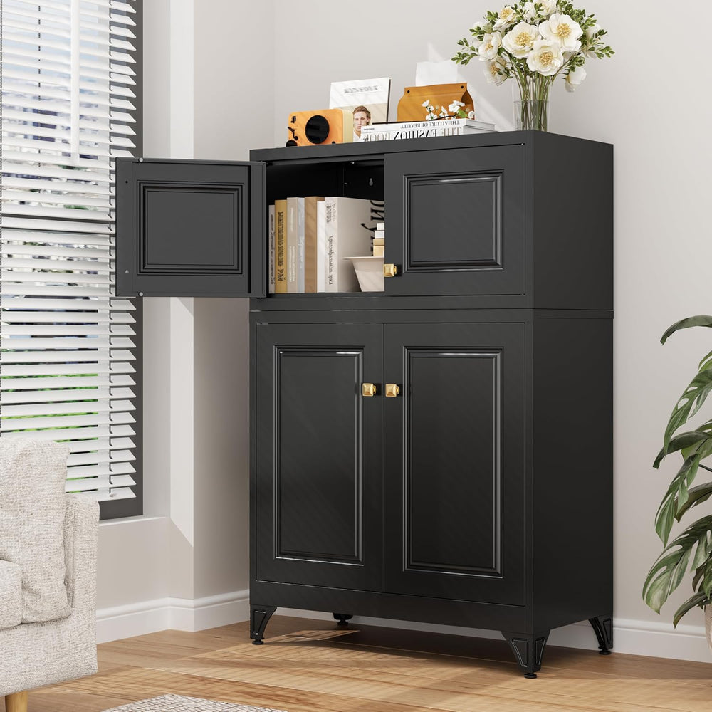 32" Wall Storage Cabinet with 2 Doors & Gold Handle | Black Metal, H...