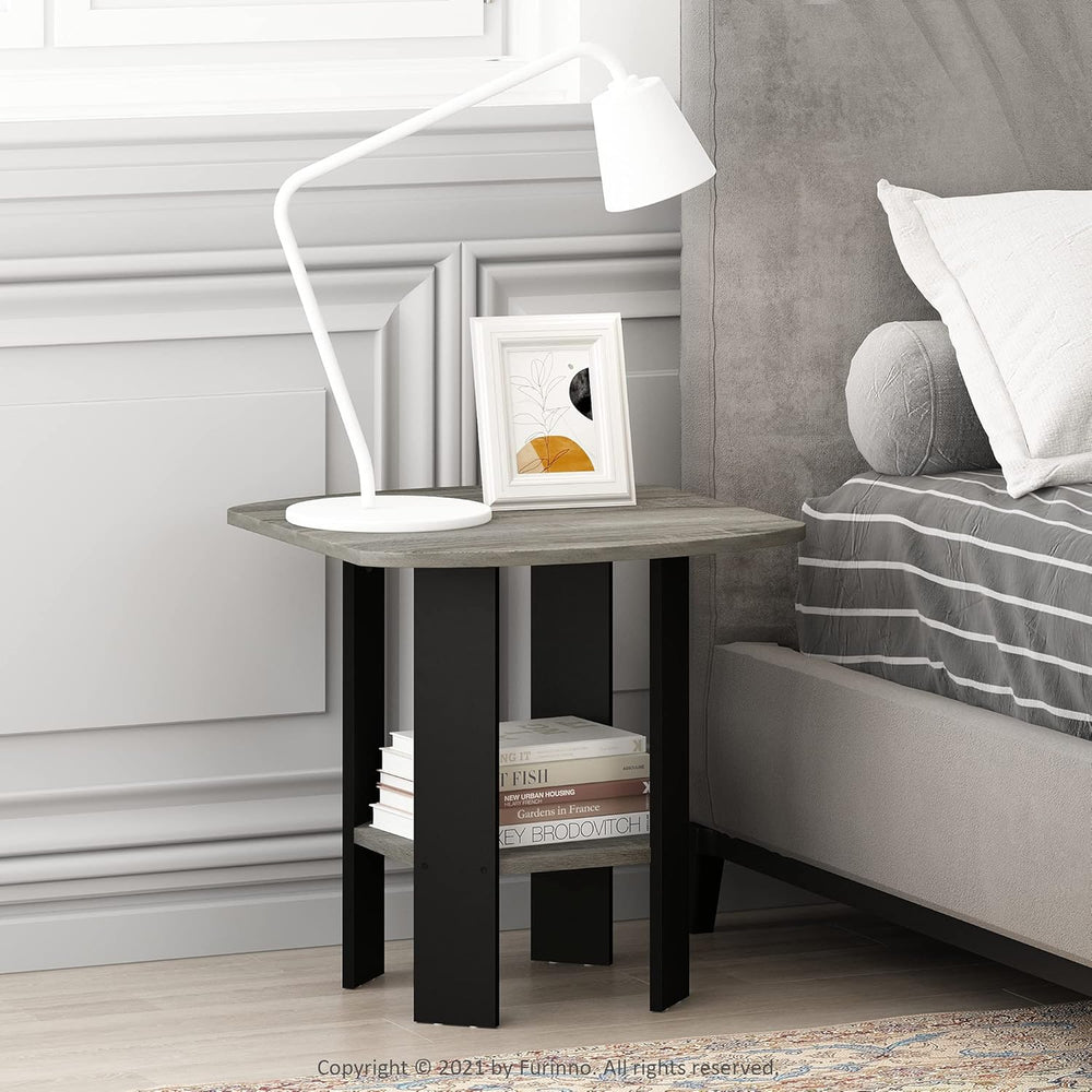 Furinno Simple Side Table Set of 2, 2-Tier Grey End Table with Soft Edges, Op...