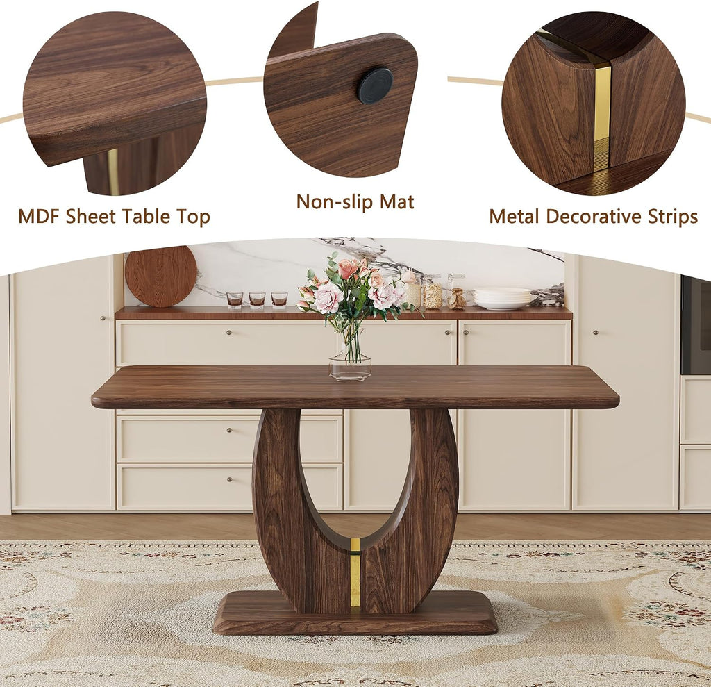 JUFU Dining Table Set for 6, 63 Inch Rectangular Kitchen Table and 6 PU Upholstered Chairs, Walnut Wood Grain MDF Tabletop, U-Shaped Pedestal Base, Modern Dining Room Set for Kitchen, Apartment