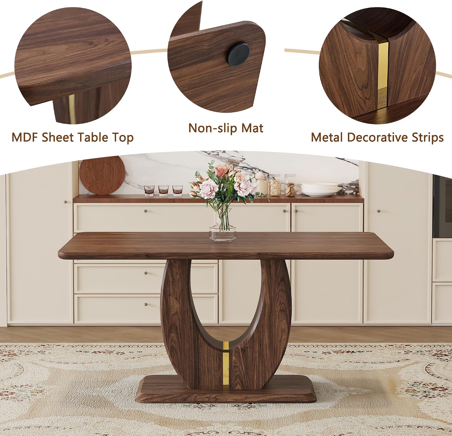 JUFU Dining Table Set for 6, 63 Inch Rectangular Kitchen Table and 6 PU Upholstered Chairs, Walnut Wood Grain MDF Tabletop, U-Shaped Pedestal Base, Modern Dining Room Set for Kitchen, Apartment