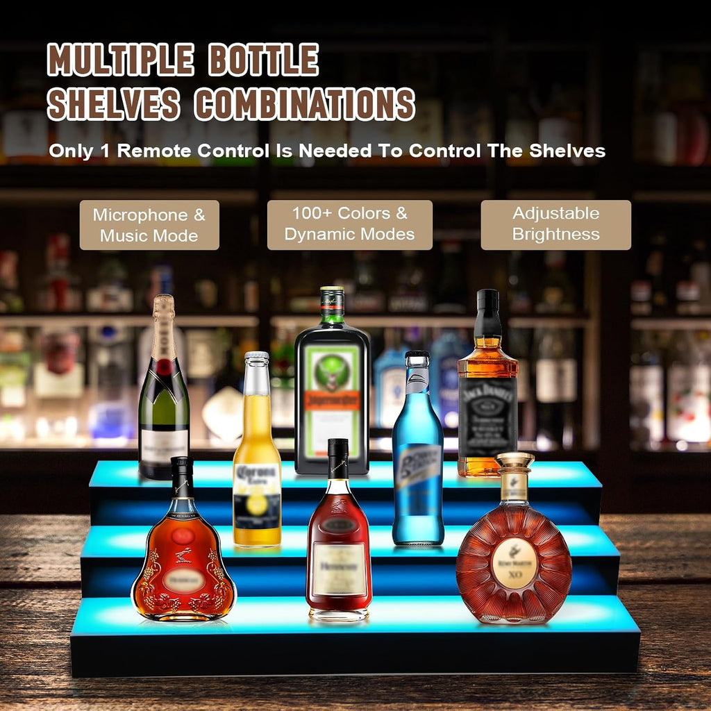 FAHKNS 3 Tiers 16 Inch APP & RF Remote Control LED Lighted Liquor Bottle Display, LED Liquor Shelves, Liquor Bottle Accessories Shelf for Home Bar, 16 Static Colors 4 Dynamic Mode