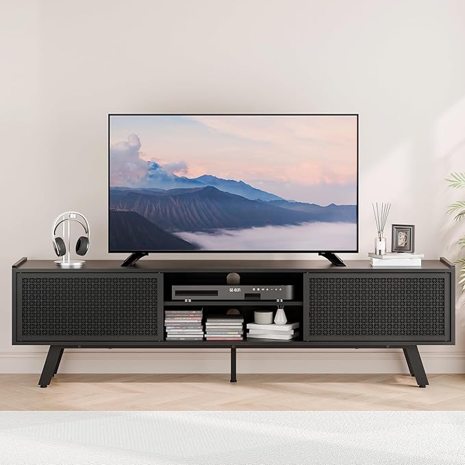 Black Mid Century TV Stand for TVs up to 80" Iron Rattan Entertainment Center with Sliding Door TV Media Console with Adjustable Shelves and 2 Storage Cabinets