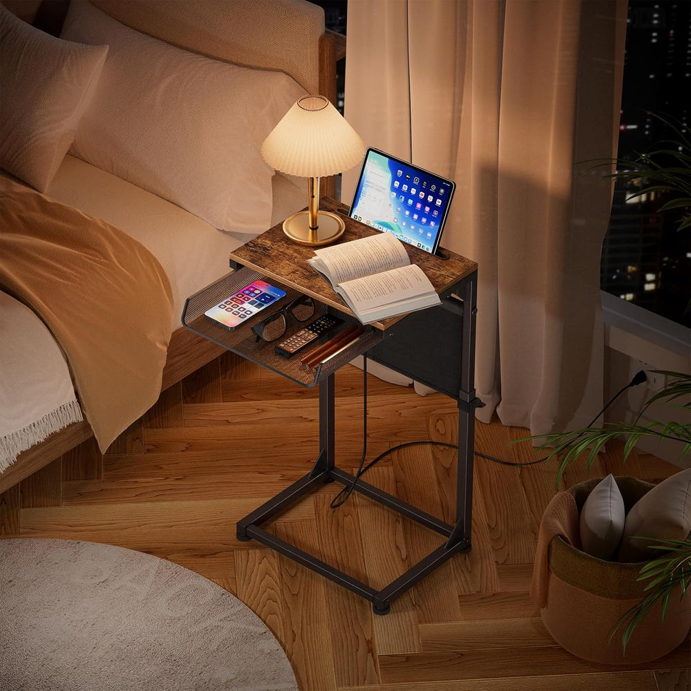 Simple Trending Side Table, C Shaped End Table with Charging Station, Couch T...