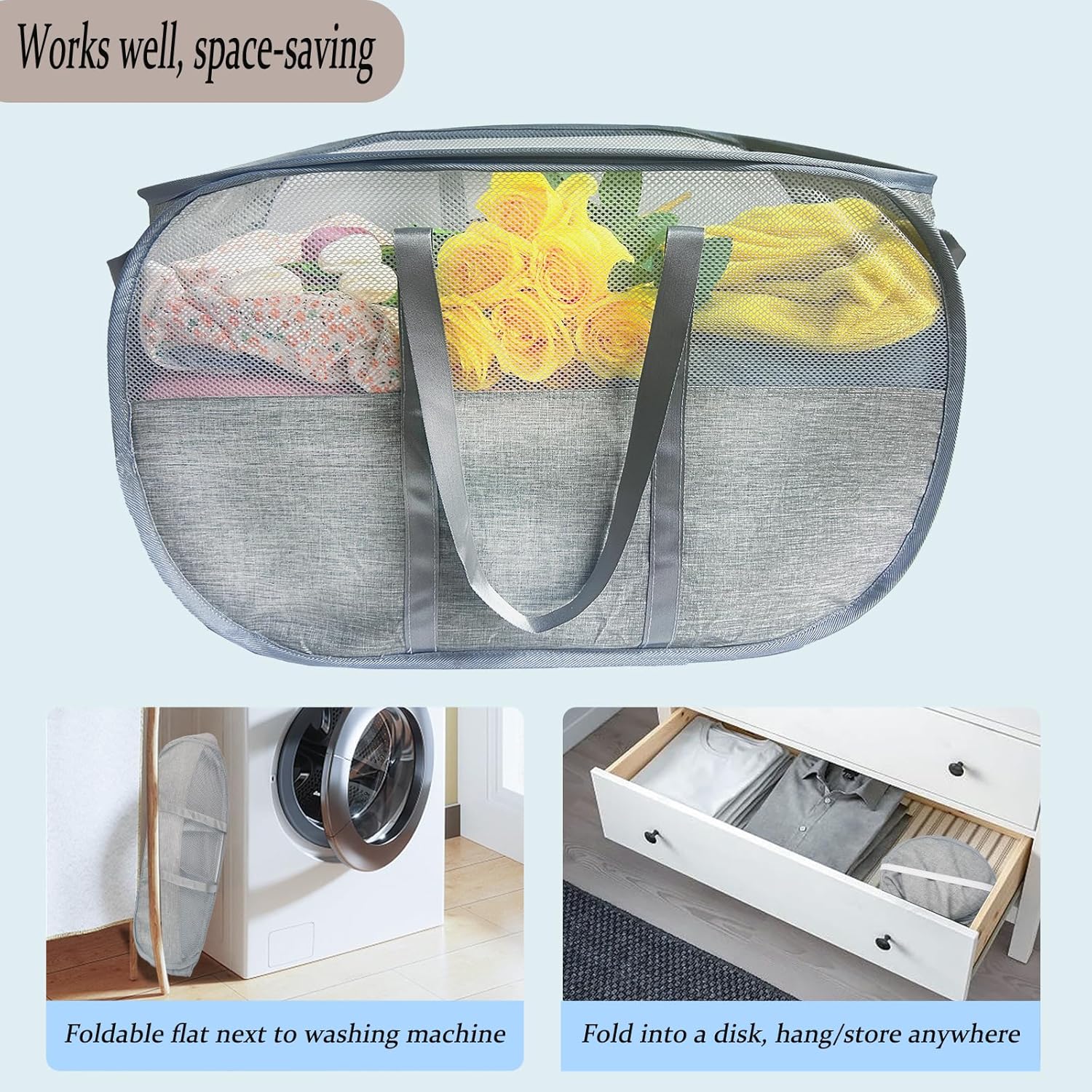 100L Collapsible Laundry Baskets 2 Pack, Extra Large Mesh Pop Up Laundry Hamper, Dirty Clothes Hamper with Reinforced Handles, Folding Hampers for Travel. Dorm or Home Portable Laundry Baskets. Grey