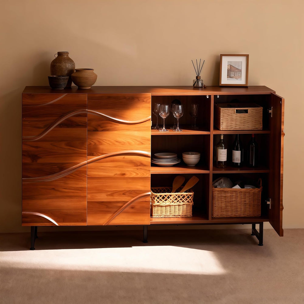 Modern Sideboard with Wave Relief Design, 59 Inch Solid Wood Storage Cabinet ...