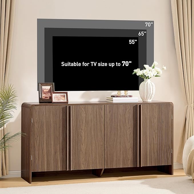 AMERLIFE 63" Fluted TV Stand Media Console Cabinet with Storage, Modern Credenza Entertainment Center with 4 Doors & Adjustable Shelves, Wood Coffee Bar for Living Room, Hallway, Brown