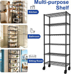 REGILLER 6-Wire Shelving Metal Storage Rack Adjustable Shelves,Standing Storage Shelf Units for Laundry Bathroom Kitchen Pantry Closet(Black,14.1" D x 30" W x 80" H,With Wheels)