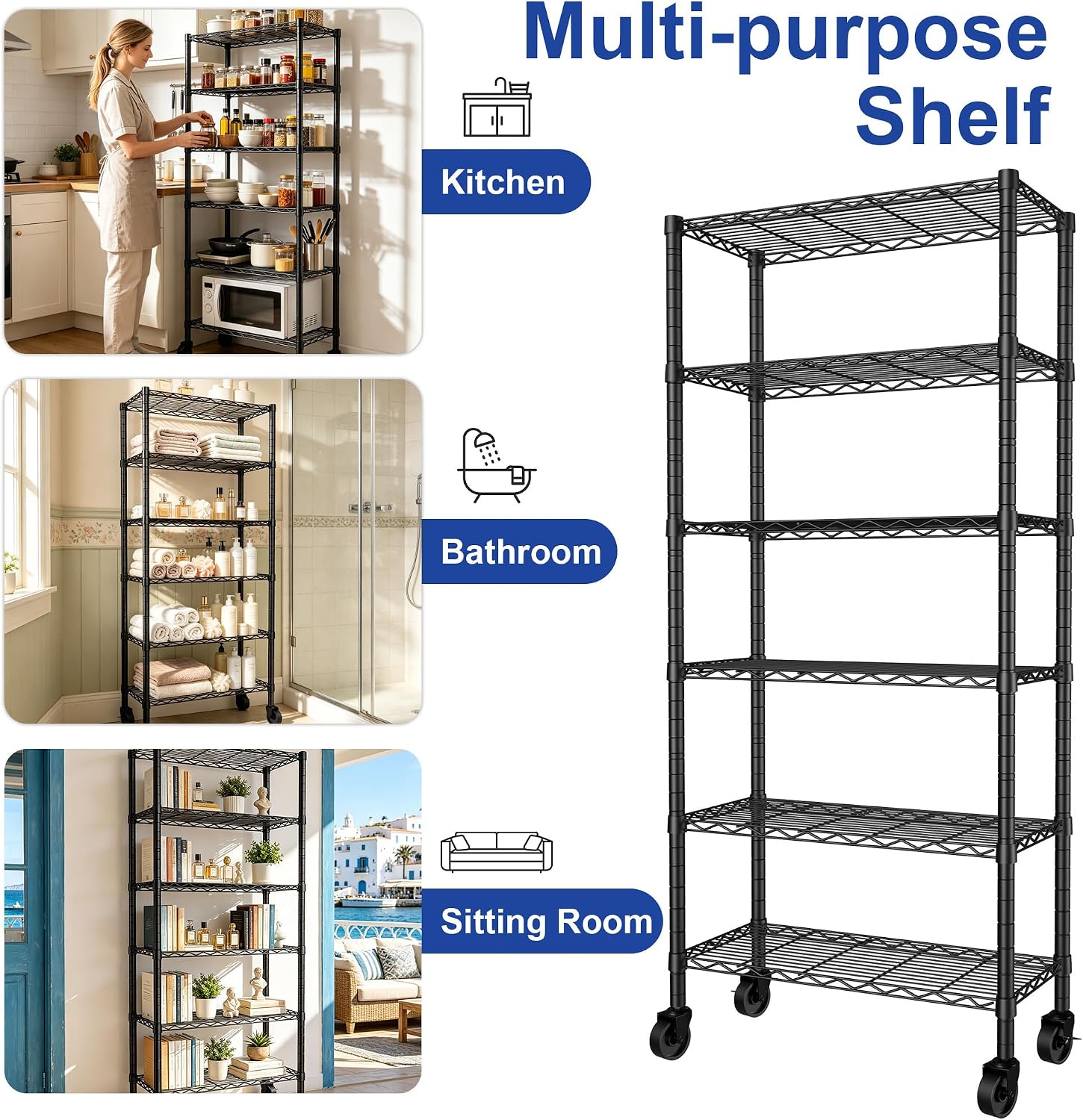 REGILLER 6-Wire Shelving Metal Storage Rack Adjustable Shelves,Standing Storage Shelf Units for Laundry Bathroom Kitchen Pantry Closet(Black,14.1" D x 30" W x 80" H,With Wheels)