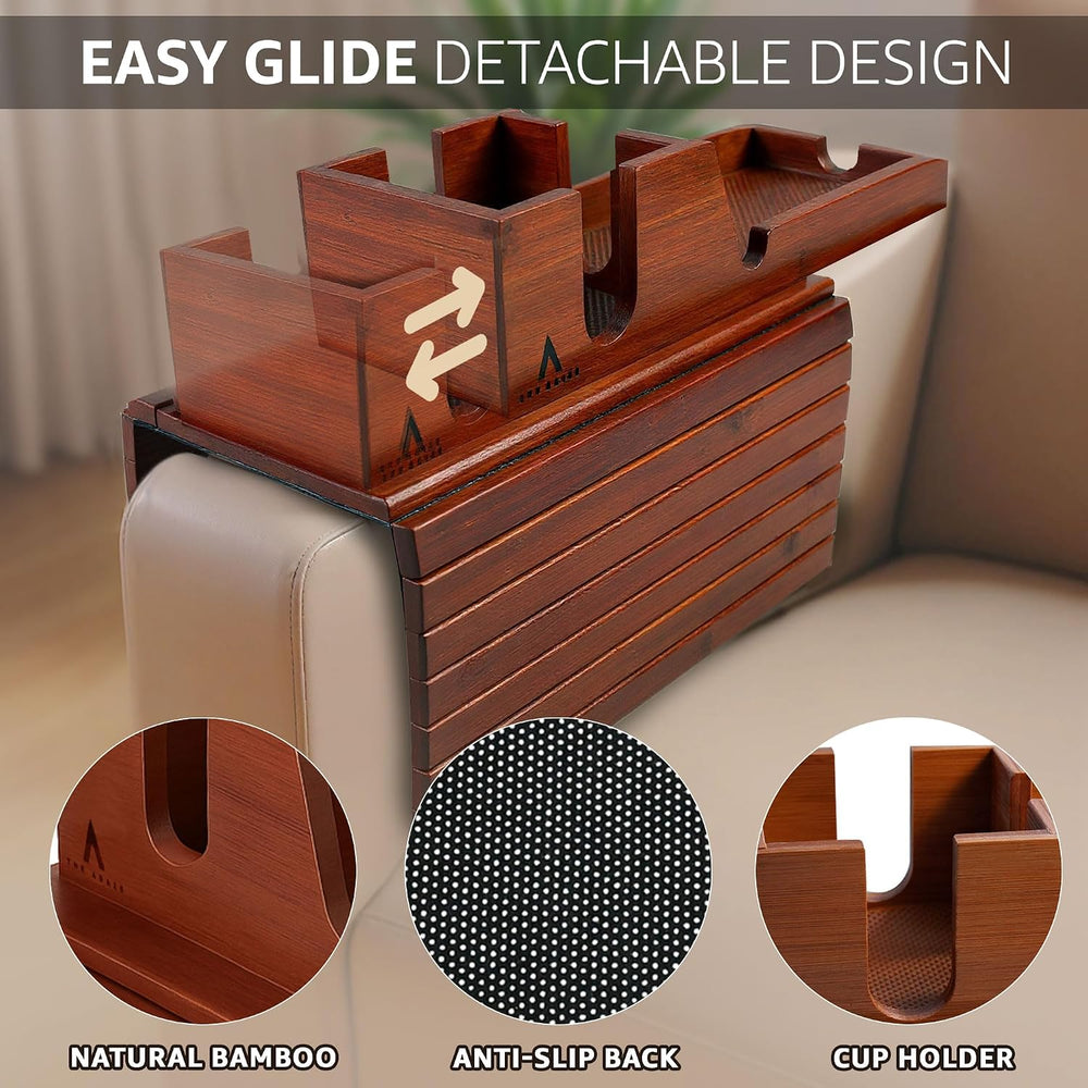 Brown Bamboo Couch Arm Tray with Non-Slip Mats, Slide-Away Upper Tray, Adjust...