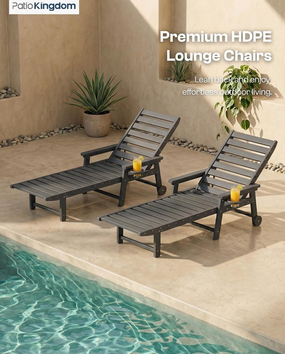 5-Position Adjustable Lounge Chair Outdoor, HDPE Outdoor Chaise Lounge with C...