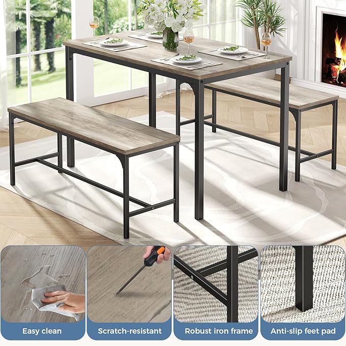 DUMOS Dining Table Set, Dining Table for 4 with Bench,Kitchen Table, Space-Saving Ideal 4-Person Set for Dining Room Kitchen Apartment Corner Grey 3 Pack
