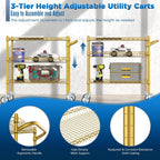 Leteuke 3 Tier Rolling Carts with Wheels,Heavy Duty Utility Bar Cart,NSF Commercial Grade Metal Cart with Handle&Shelf Liner,Trolley Serving Cart for Kitchen,Restaurant,Plant Display,Gold