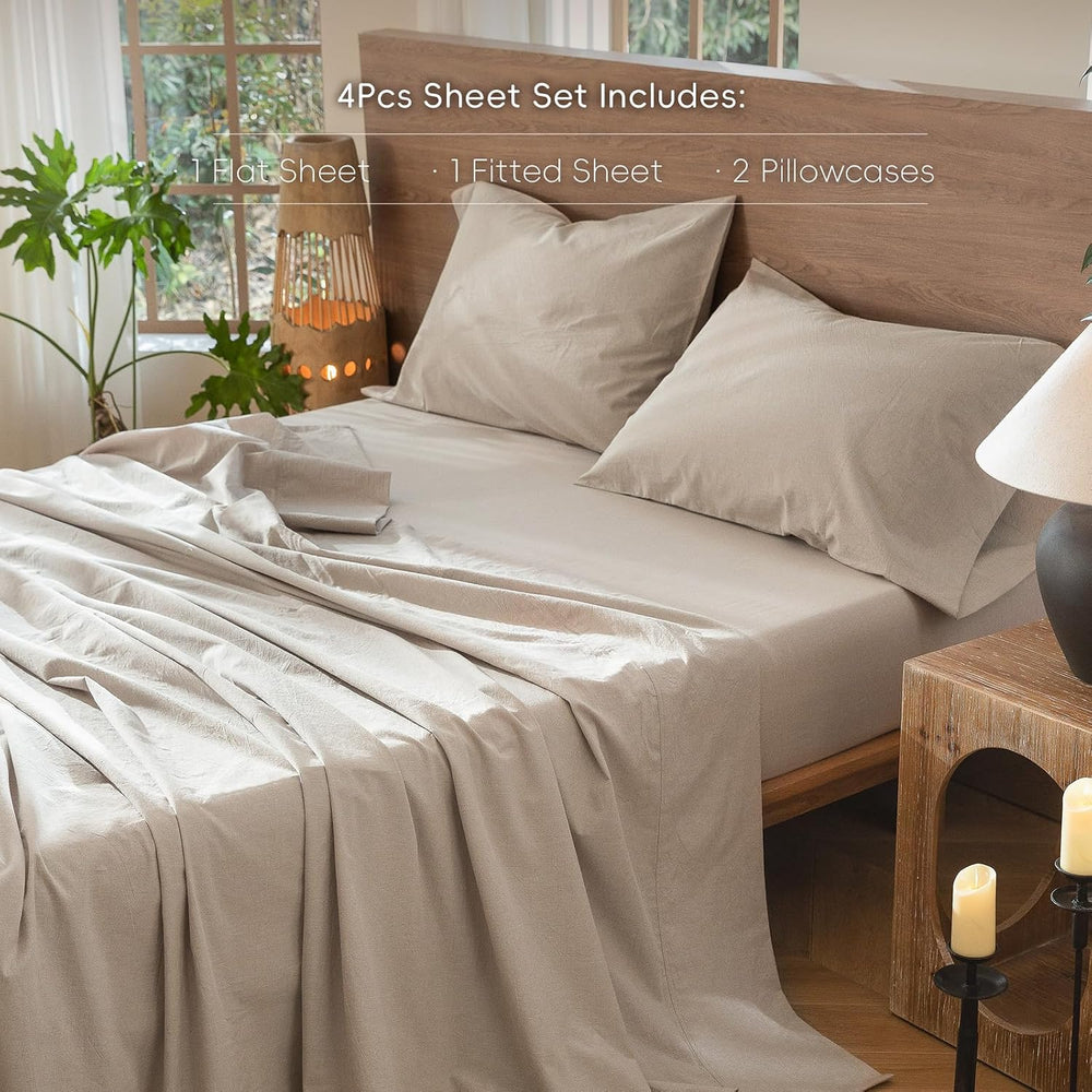MooMee Sheet Set 100% Washed Cotton Linen-Like Extra Deep Pocket King
