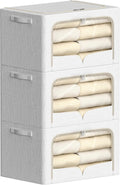 FHSQX 3 Pack Clothes Storage Bins Foldable Metal Frame Storage Box Stackable Linen Fabric Container Organizer Set with Carrying Handles and Clear Window (Cream White, 15.7x11.8x7.8inch(22L))