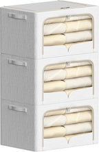FHSQX 3 Pack Clothes Storage Bins Foldable Metal Frame Storage Box Stackable Linen Fabric Container Organizer Set with Carrying Handles and Clear Window (Cream White, 15.7x11.8x7.8inch(22L))