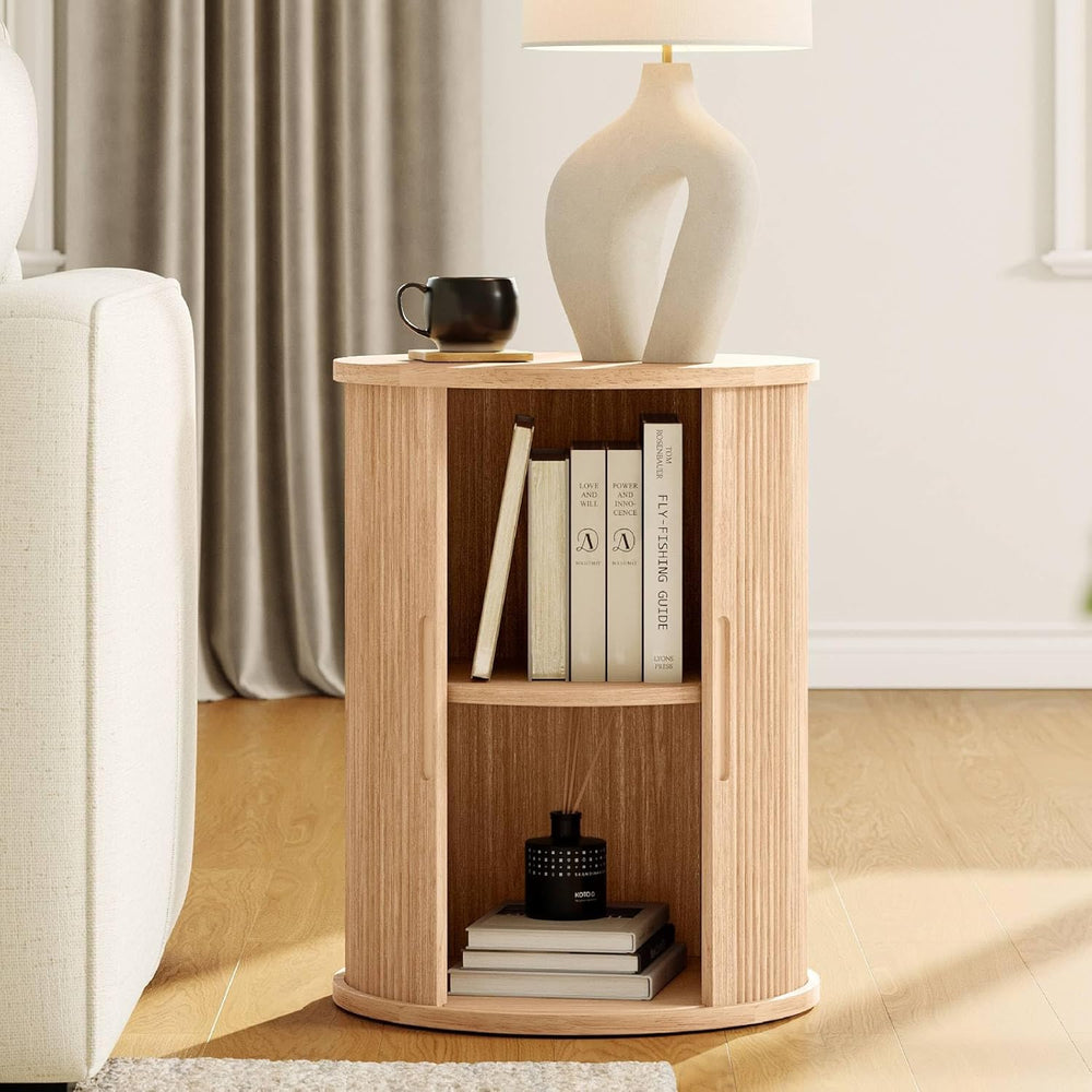 LINSY HOME Round Fluted End Table, Tall Side Table with Sliding Tambour Door ...