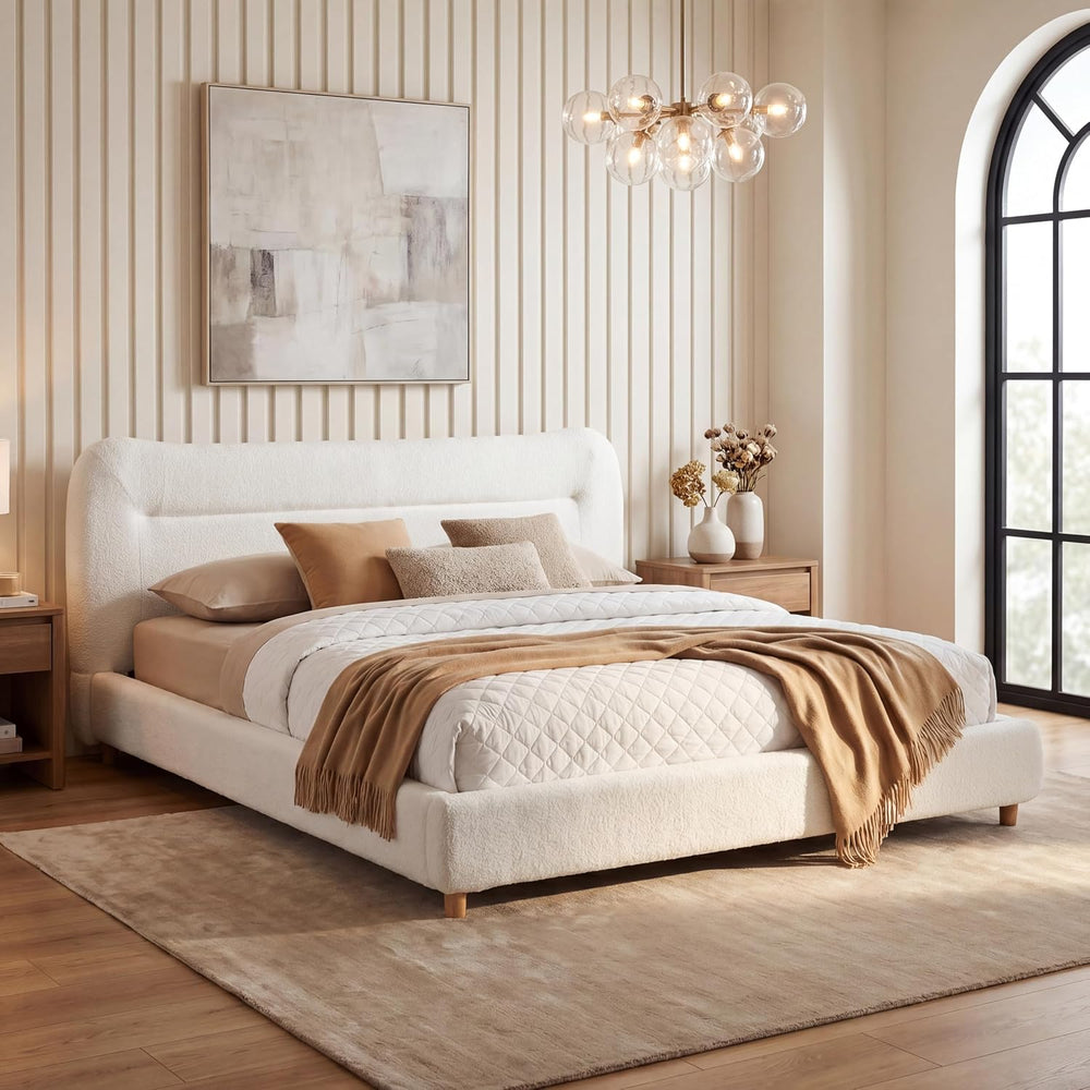 Marshmallow Upholstered Queen Bed Frame Headboard, Cream Soft Frame Cloud Bed...