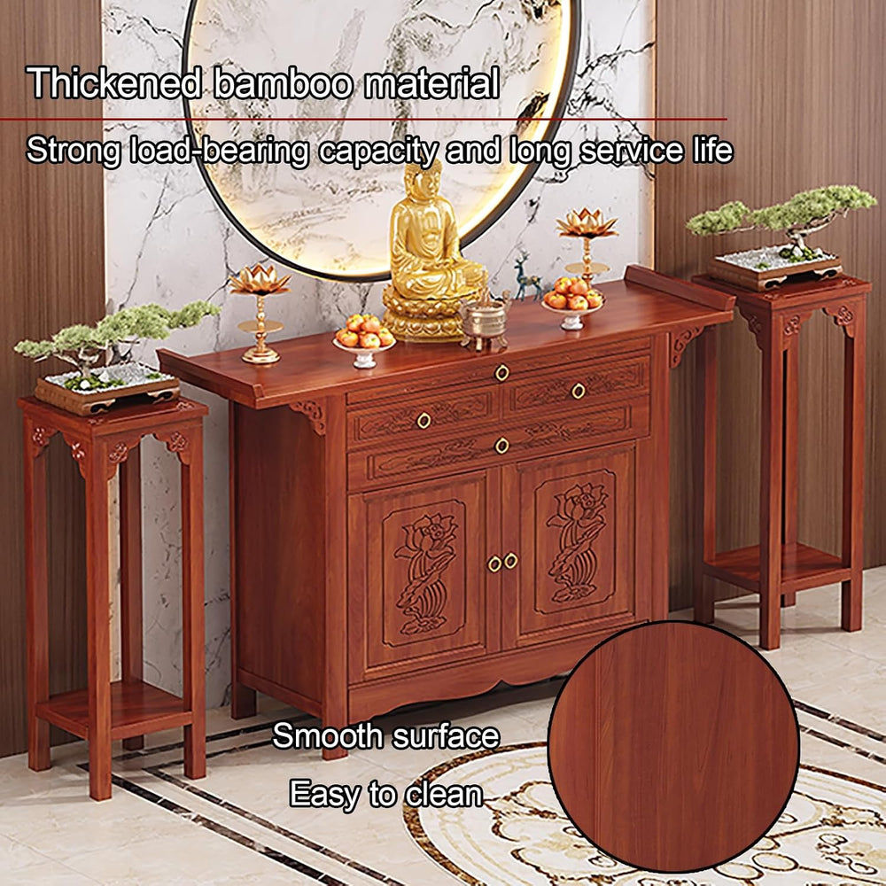 Bamboo Meditation Altar Table with Storage, Chinese Pooja Cabinet, Offering T...