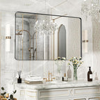 48×30 Black Bathroom Mirror, Rectangular Bathroom Vanity Mirror for Wall with Rounded Corners & Aluminum Alloy Frame, Tempered-Glass, Modern, Farmhouse, Horizontal/Vertical, Entryway, Bedroom