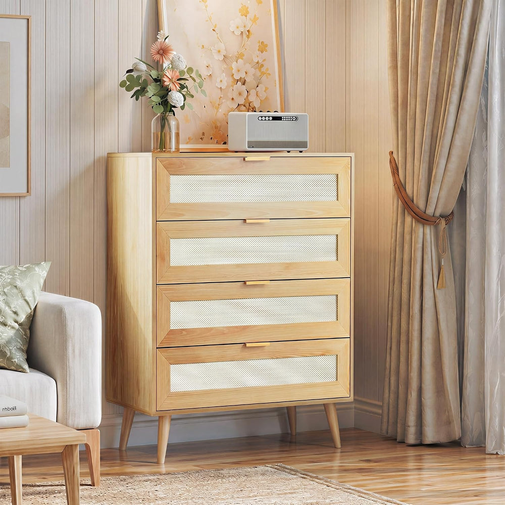 Rattan TV Stand, 4-Drawer Wooden Boho Media Console with Gold Metal Handles, ...