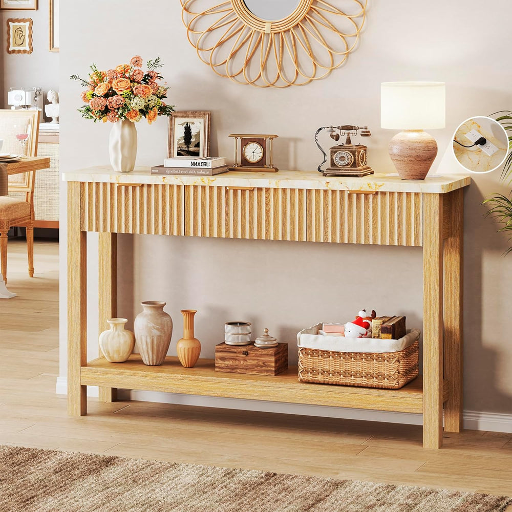 HUAHUU 47.2" Fluted Console Table with 3 Drawers, Long Sofa Table with S...