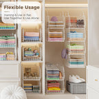 4" Extra Deeper Foldable Hanging Closet Organizer, Small Wire Cabinet Shelves and Storage with 5 S Hooks,4 Tier Metal Basket Bins for Clothes Sweaters Handbags, Wardrobe for Kitchen Laundry Room，White