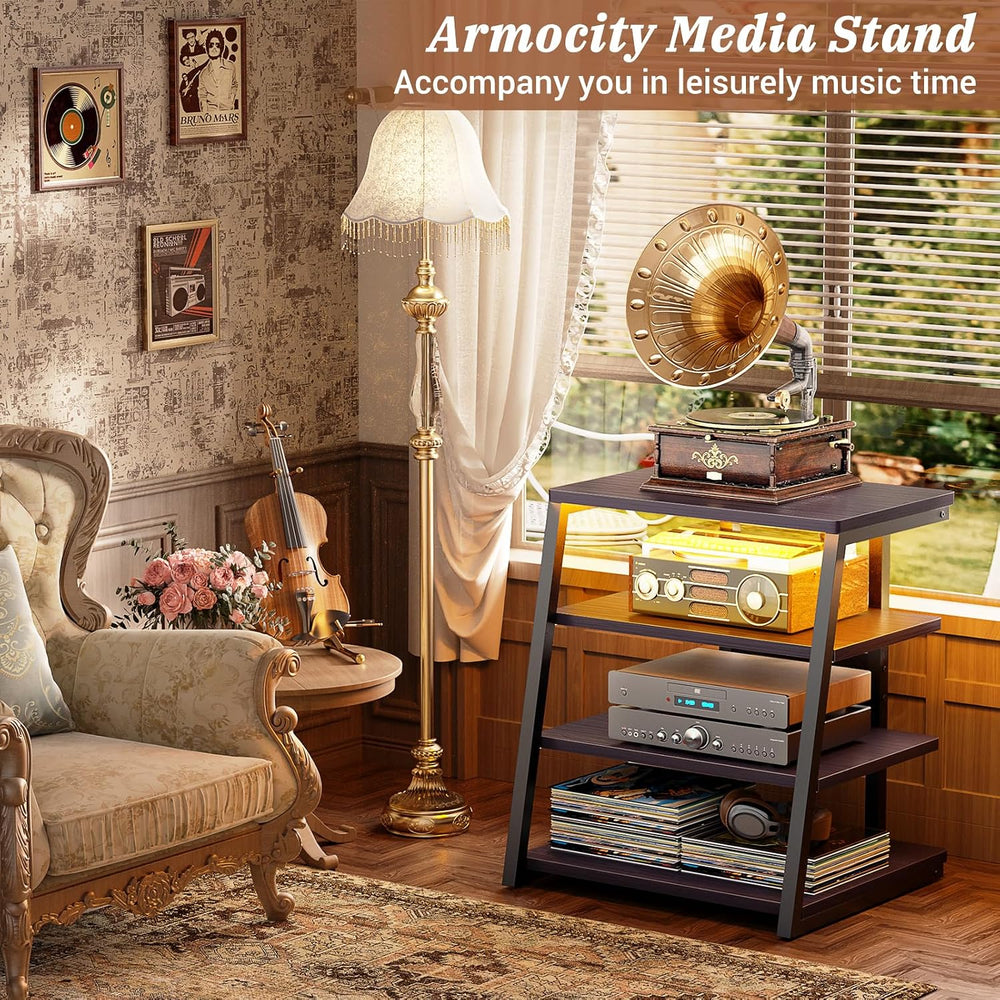 Armocity 4-Tier AV Media Stand with Power Strips, Stereo Stand with LED Light...