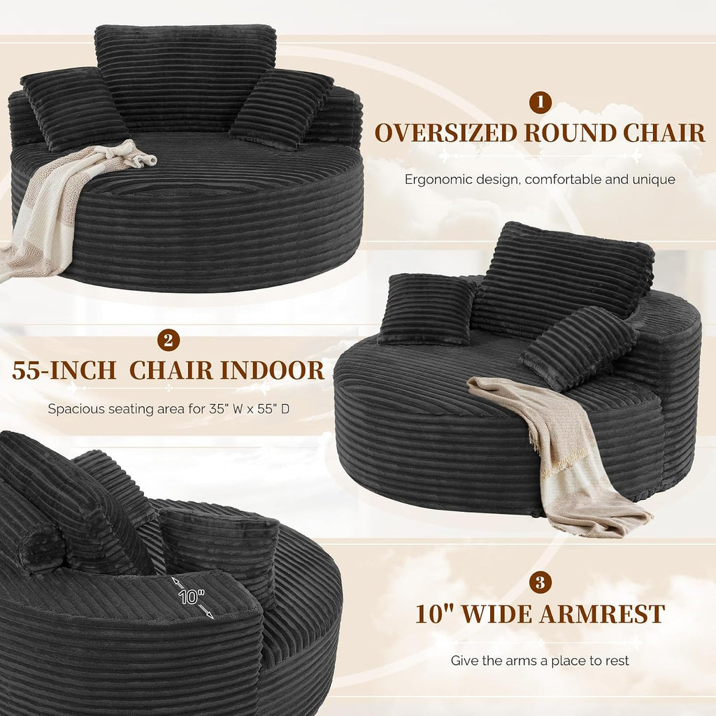 Luxanimarion 55''W 3.5CM Corduroy Single Foam Sofa, Oversized Round Chair with Pillows, Modern Sleeper for Living Rooms, Lounges, Nurseries and Projection Rooms, Wide-Arm Lounge Chair Armchair, Black