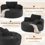 Luxanimarion 55''W 3.5CM Corduroy Single Foam Sofa, Oversized Round Chair with Pillows, Modern Sleeper for Living Rooms, Lounges, Nurseries and Projection Rooms, Wide-Arm Lounge Chair Armchair, Black