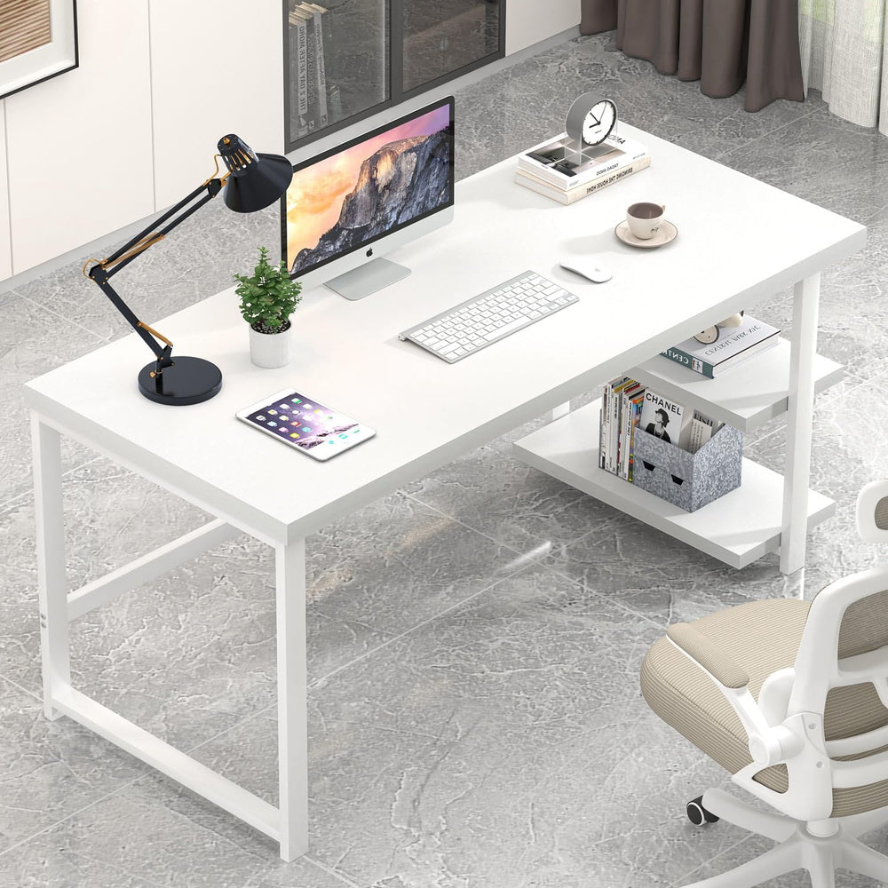 EXCEFUR White Computer Desk, Modern Home Office Desk with Storage Shelf, Wood...