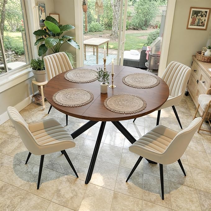47.2" 5-Piece Round Dining Table Set for 4, Modern Wood Dining Table with 4 Upholstered Chairs, Kitchen & Dining Room Table Set with Metal Base for Apartment, Small Space, Walnut Table+4 Beige Chairs