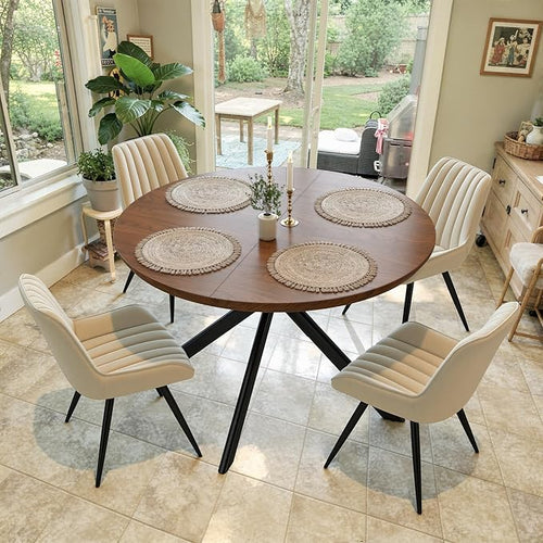 47.2" 5-Piece Round Dining Table Set for 4, Modern Wood Dining Table with 4 Upholstered Chairs, Kitchen & Dining Room Table Set with Metal Base for Apartment, Small Space, Walnut Table+4 Beige Chairs