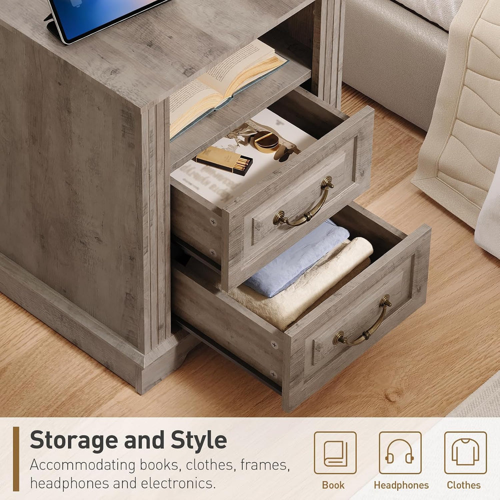 RALGEND Farmhouse Nightstand with Charging Station, Night Stand with 2 Drawer...