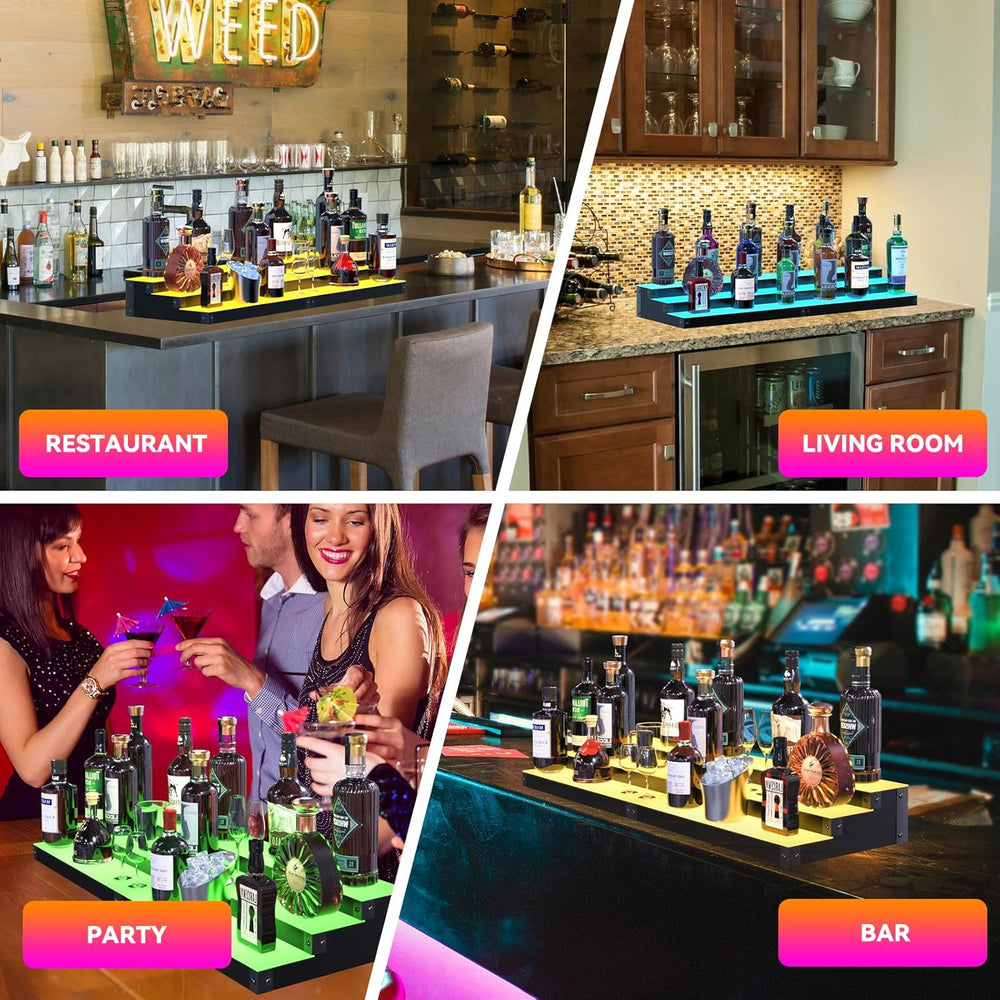 LED Illuminated Bar Bottle Display Rack, 3-Tier 32" Multi-Color Whiskey ...