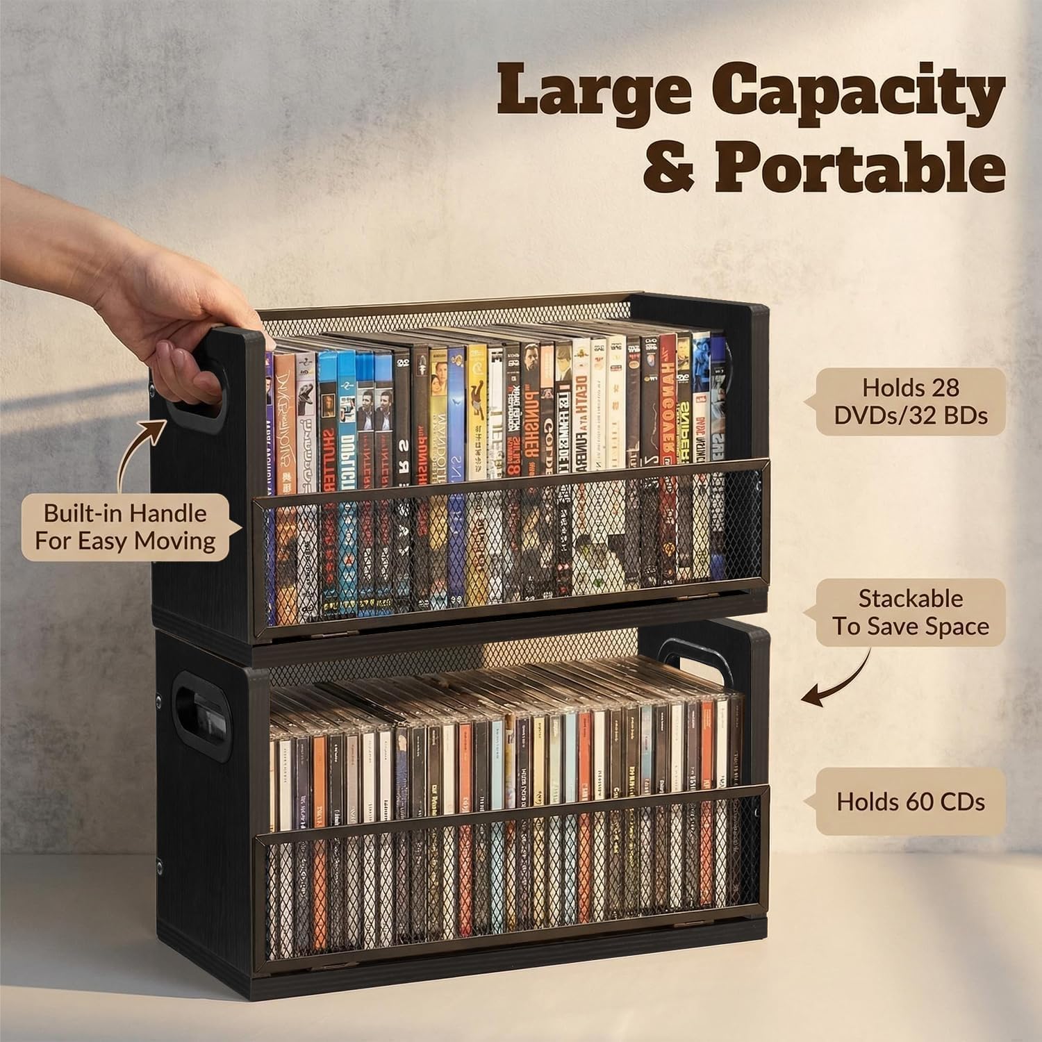 DVD Storage Rack 2-Pack with Handles, Holds 56 DVD or 64 Blu-ray Cases | Portable DVD Case Holder for Desktop, Closet, Video Games, Books & Movies, Black