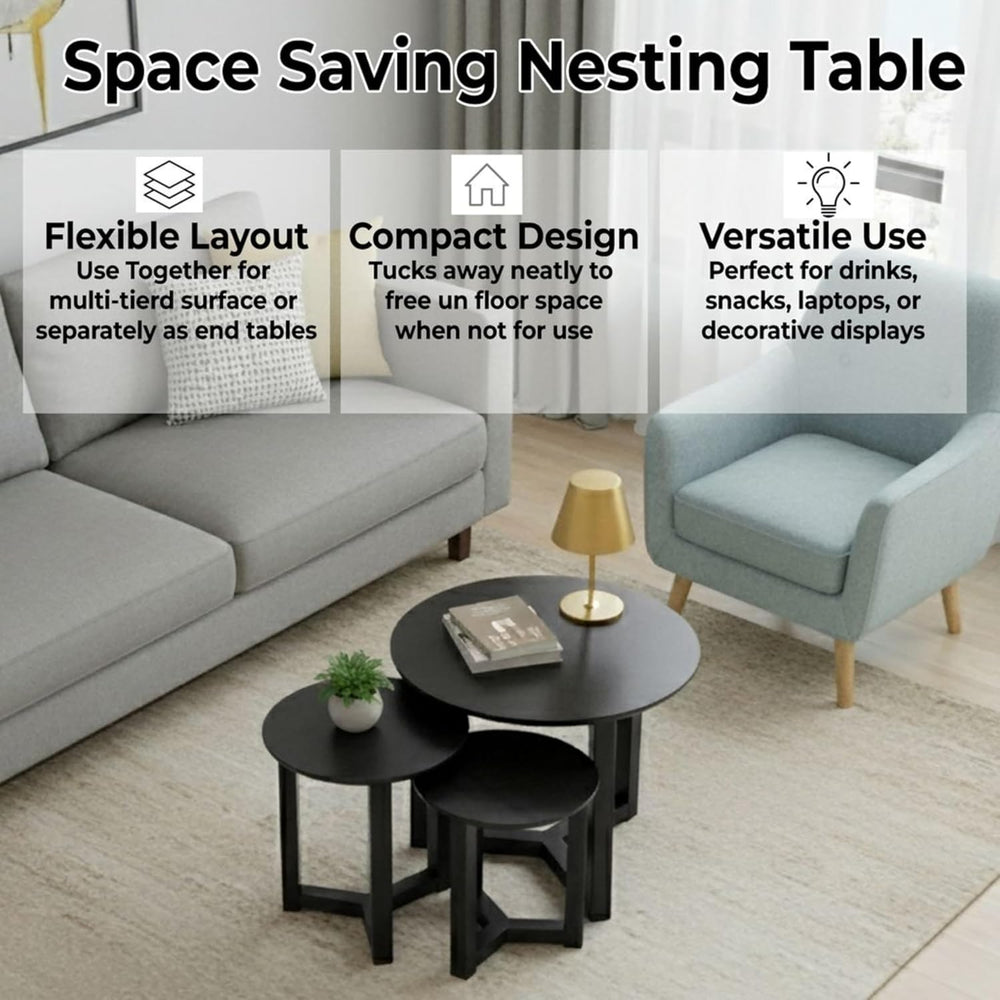 AIRA Home Decor Space-Saving Nesting Coffee Table Set of 3 – Modern Round Woo...