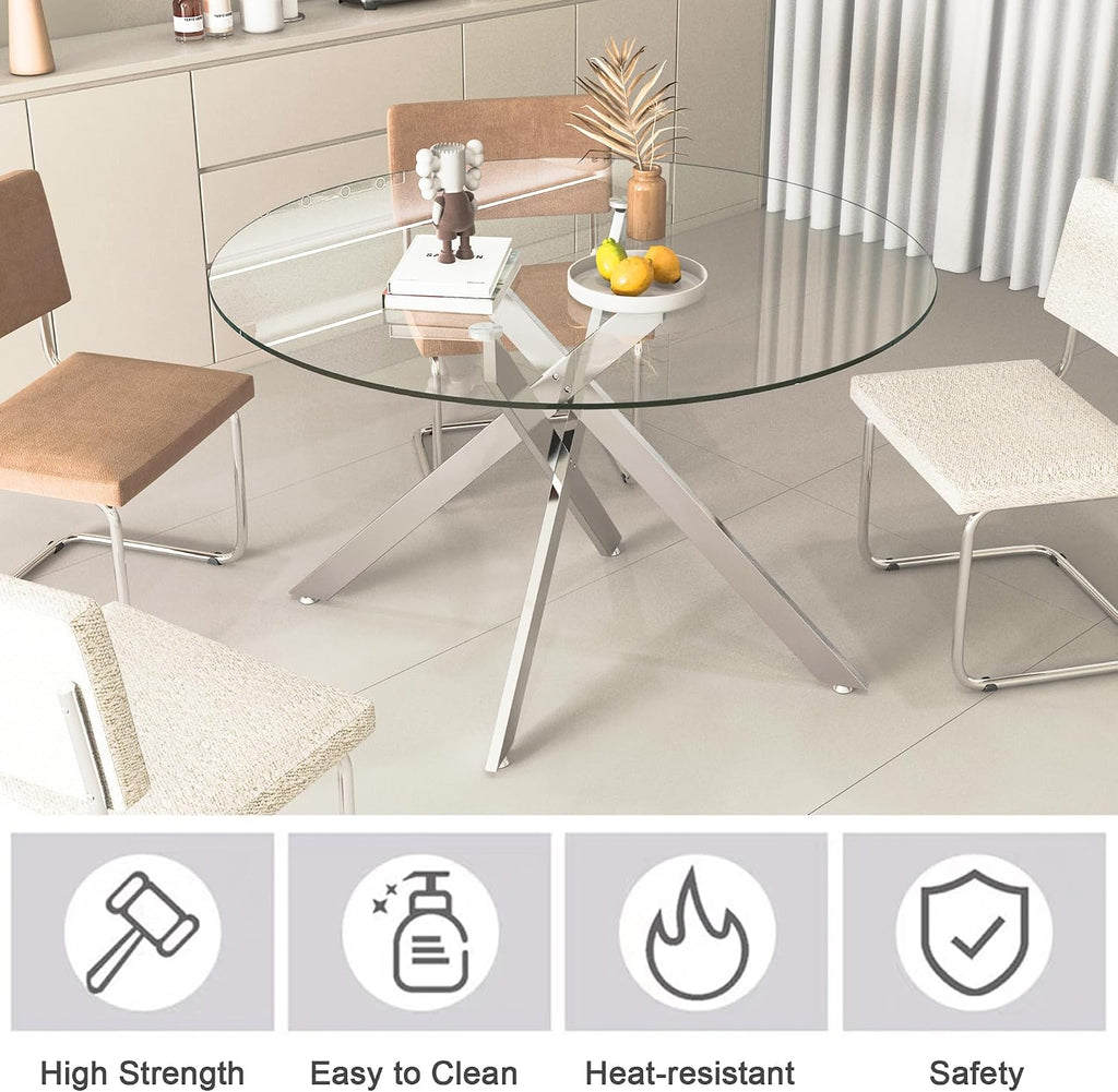 5 Piece Round Dining Table Set for 4, Modern Glass Kitchen Dining Room Table Set for 4, 47" Circle Silver Glass Metal Dining Table with 4 Grey PU Leather Dining Chairs for Kitchen Dining Room