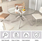 5 Piece Round Dining Table Set for 4, Modern Glass Kitchen Dining Room Table Set for 4, 47" Circle Silver Glass Metal Dining Table with 4 Grey PU Leather Dining Chairs for Kitchen Dining Room