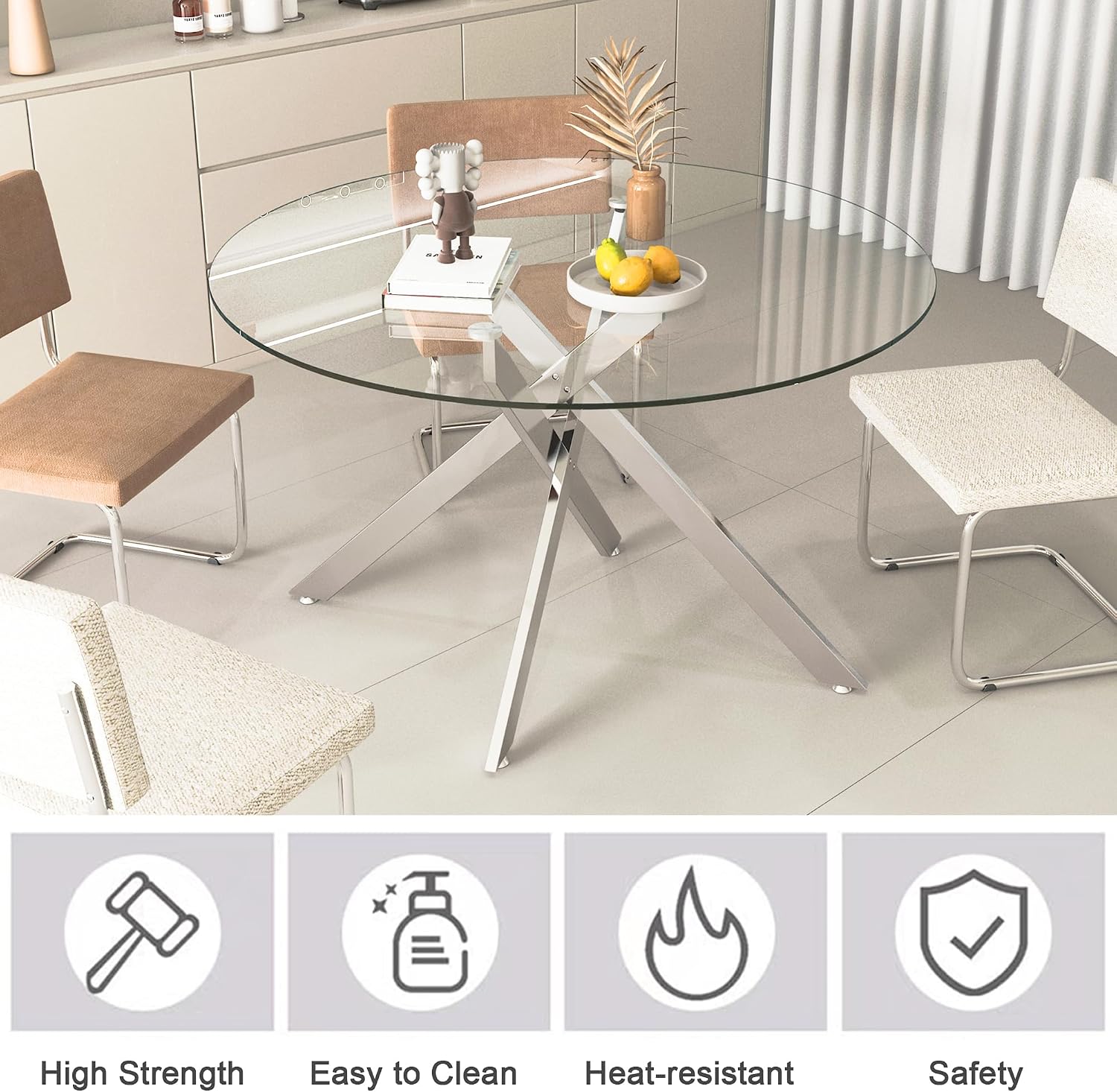 5 Piece Round Dining Table Set for 4, Modern Glass Kitchen Dining Room Table Set for 4, 47" Circle Silver Glass Metal Dining Table with 4 Grey PU Leather Dining Chairs for Kitchen Dining Room