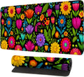 Folk Art Floral Mouse Pad – Large Extended Desk Mat 31.5 x 11.8 in– Colorful Boho Flowers on Black Background, Waterproof Surface, Non-Slip Rubber Base, Oversized Mouse & Keyboard Pad