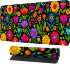 Folk Art Floral Mouse Pad – Large Extended Desk Mat 31.5 x 11.8 in– Colorful Boho Flowers on Black Background, Waterproof Surface, Non-Slip Rubber Base, Oversized Mouse & Keyboard Pad