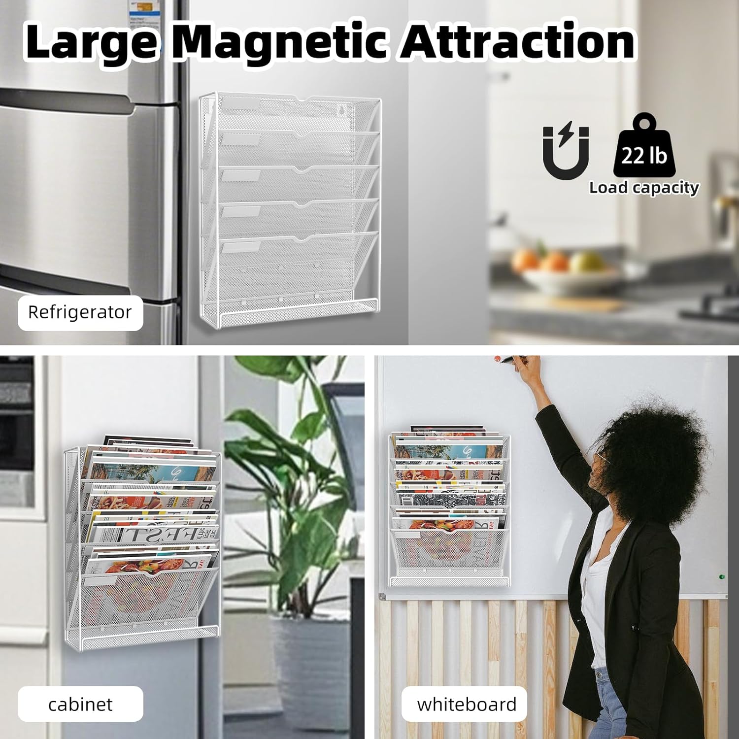 6 Tier Magnetic File Holder, No Drilling Installation File Cabinet Organizer,Black Magnetic File Holders, Magnetic Paper Holder for Refrigerator,File Cabinets, Whiteboard, White